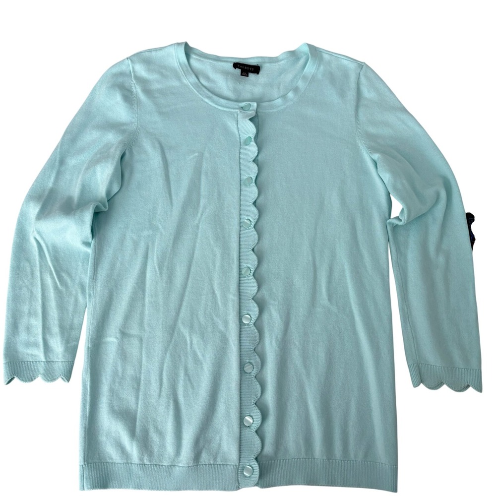 Talbots Scalloped Edge Cardigan Sweater Aqua Blue Cotton Blend XS JO5161 12/20